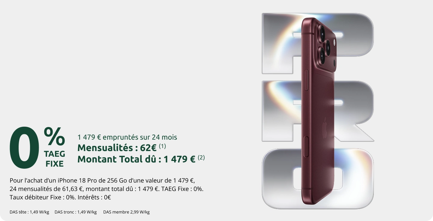 0% TAEG FIXE, 24 mensualités de 62€*, Taux défiteur fixe 0%, Interets 0€, Montant total dû : 1479 €