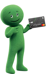 Mascotte Cetelem tenant une carte Cpay Mastercard